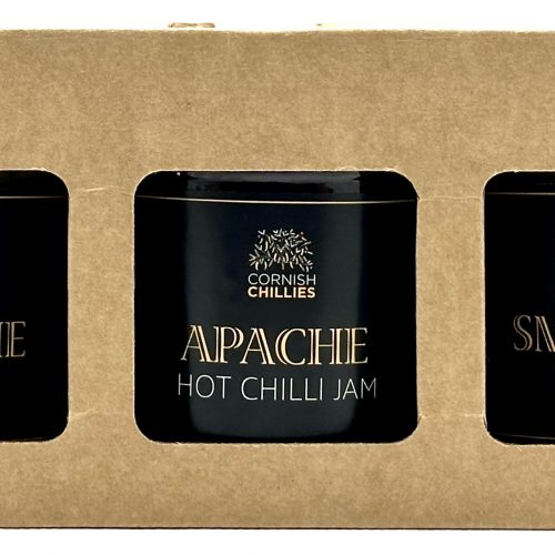 An image of a box of 3 jars of chilli jams / chutneys