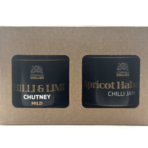 An image of a twin pack of Chilli and Lime mild chutney and our mild Apricot Habanero jam.