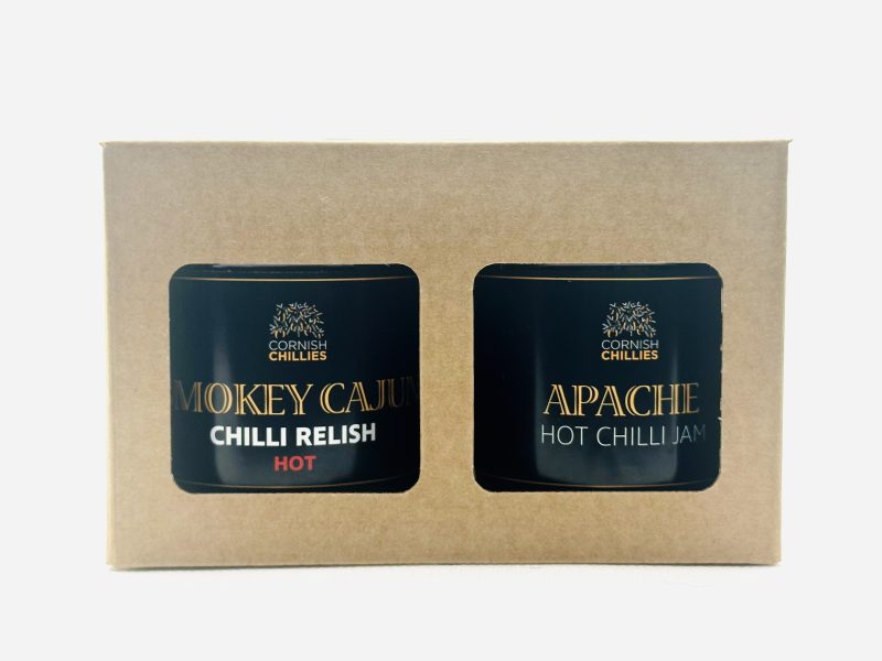 An image of a twin pack of smokey cajun hot chilli relish and our Apache hot chilli jam